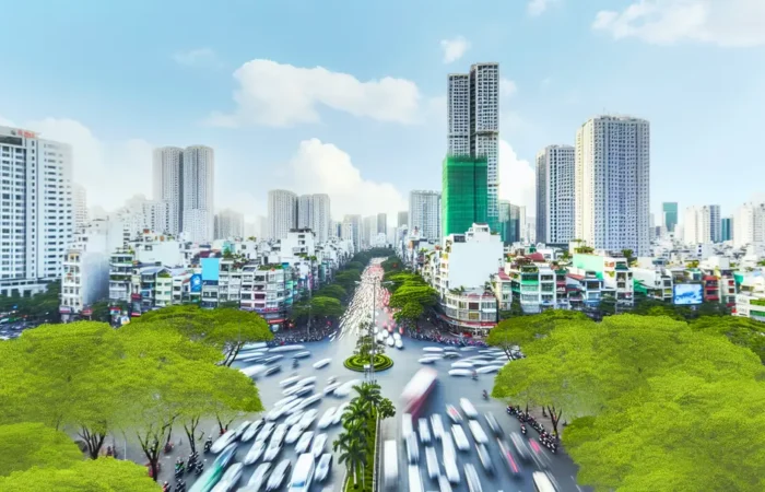 Thành phố đông đúc với các phương tiện giao thông.